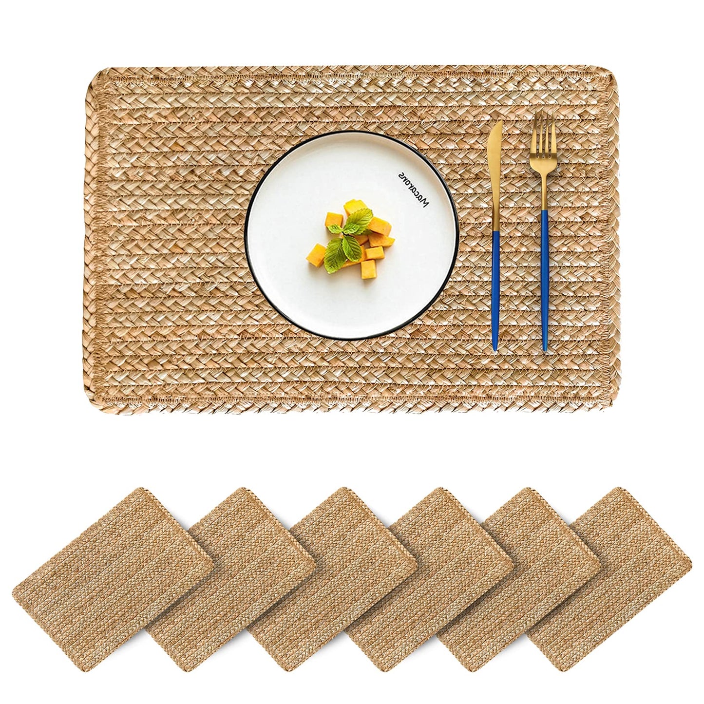 CY SISTERS Woven Placemats Set of 6 Rattan Placemats Rectangle Natural Placemats Wicker Heavy Braided Straw Placemat Farmhouse Square Plates Place mats for Indoor/Outdoor Patio Table 17.7'' X 11.8''