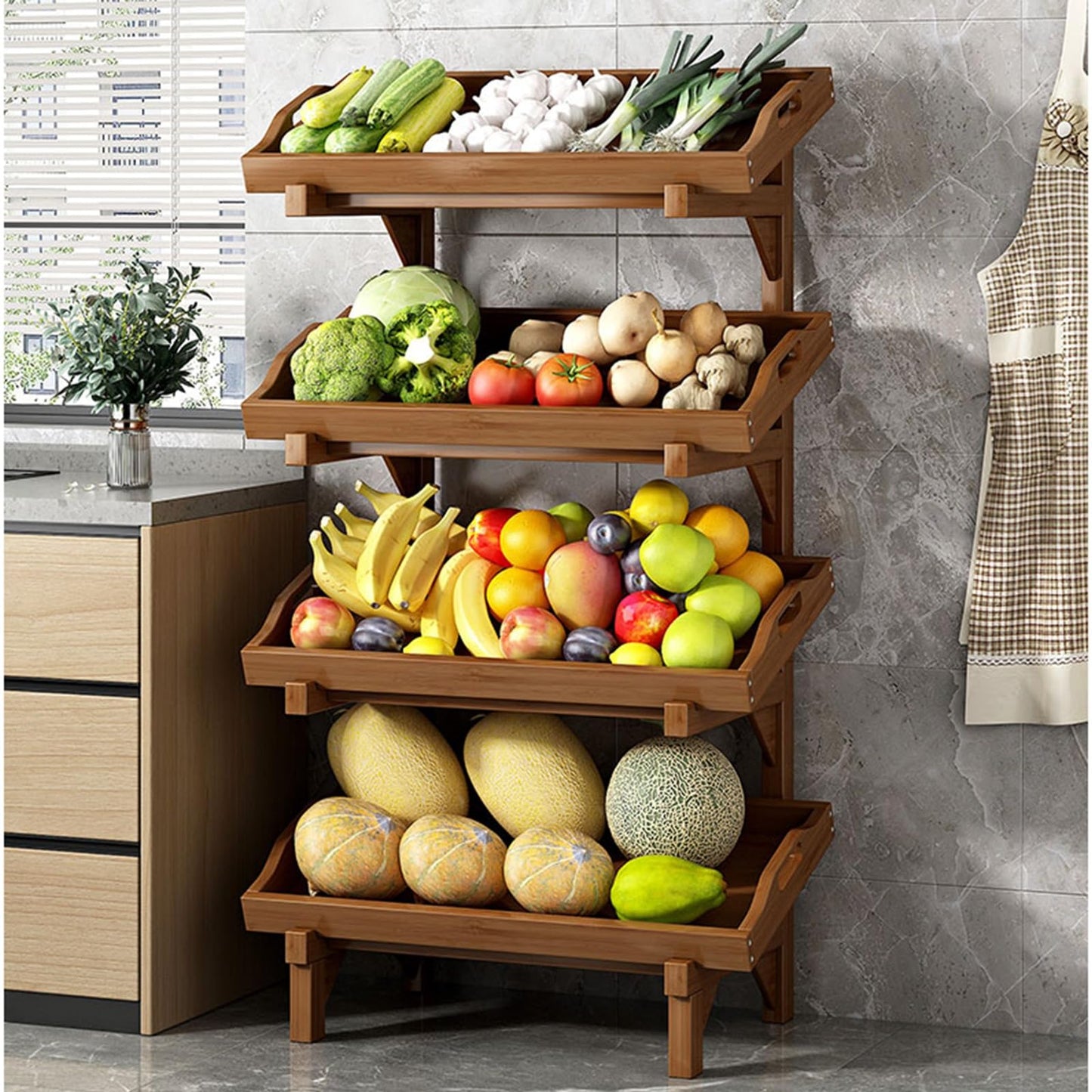 4-Tier Wooden Retail Rack Display Stand, Free Standing Vegetable & Fruit Storage Basket with Guardrail, Detachable Supermarket Snack Shelf for Home, Kitchen & Pantry (26in W)