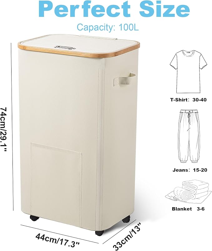 Vincona Laundry Basket with Wheels, Tall Dirty Clothes Hamper on Wheels, Rolling Laundry Hamper with lid for Dorm, Bedroom and Bathroom (Beige, 100L)
