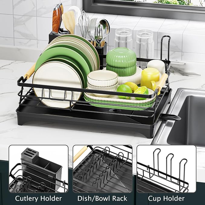Epicano Dish Drying Rack for Kitchen Counter,Black,Large Capacity | Raised Feet,Rustproof,Wooden Handle,Auto-Drainage System,Cup Holder & Knife Slots, Sink Storage Organizer