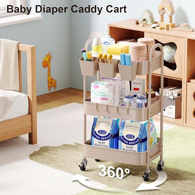 3 Tier Khaki Metal Utility Rolling Cart, Storage Cart with Handle and Lockable Wheels, Multifunctional Organizer Trolley with Mesh Storage Baskets for Kitchen, Office, Living Room, Laundry, Garage