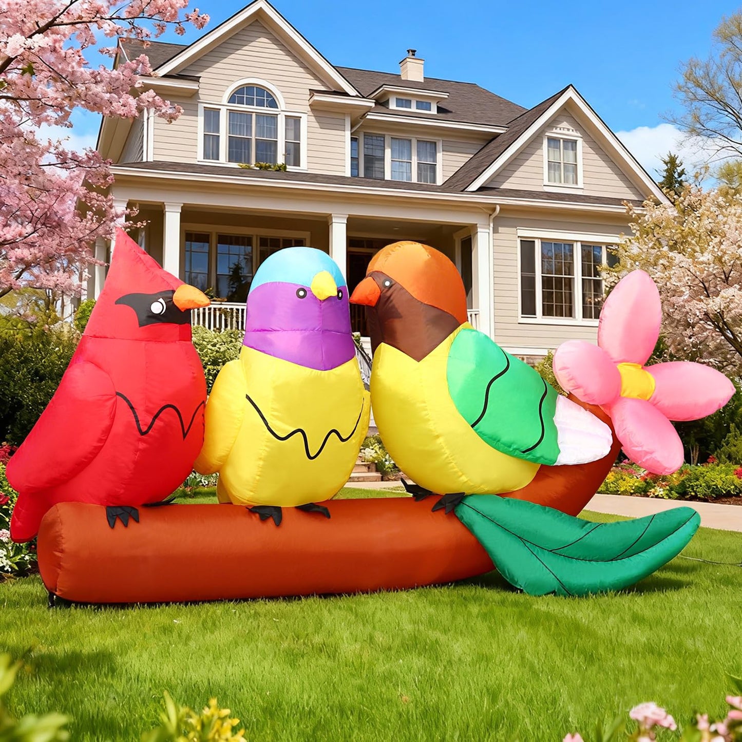 DomKom 8FT Long Inflatables Bird Gifts with Flower Outdoor Decoration, Blow Up Decoration, Built-in LED Lights Decor, Garden, Lawn, Yard, Patio,