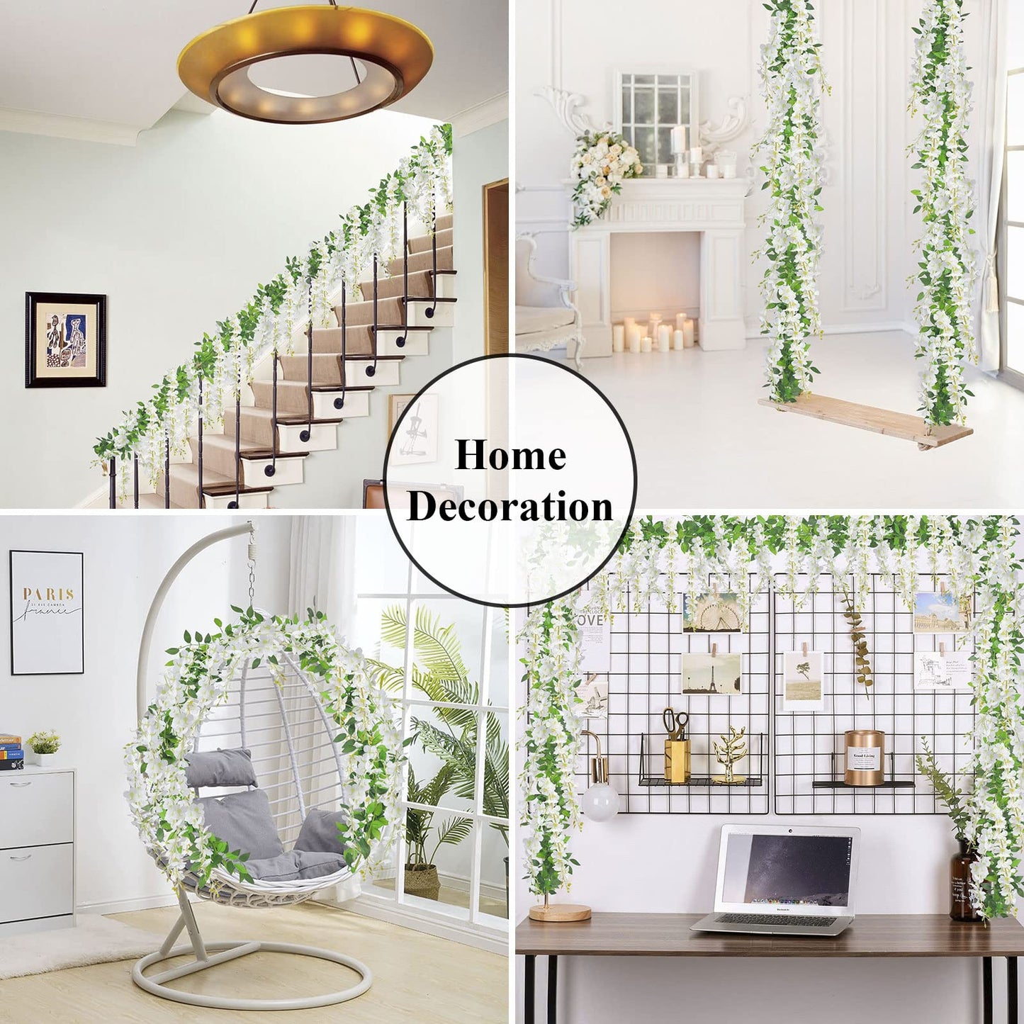 U'Artlines 5Pcs 7.2 Ft/Piece Artificial Wisteria Garland Silk Fake White Wisteria Flowers Hanging Greenery Vines Garlands Rattan for Home Garden Wedding Arch Party Indoor Outdoor Decor