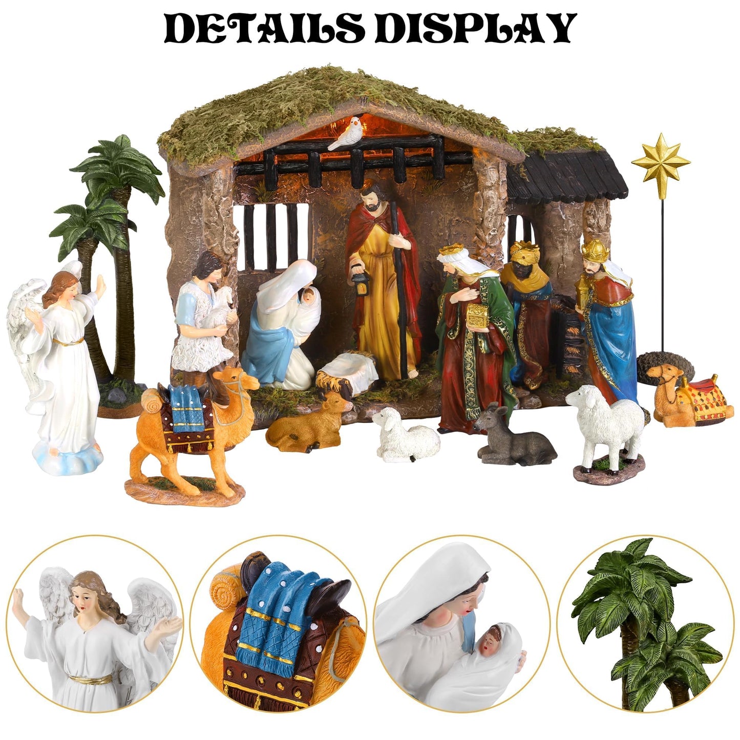 Fovths 17 Pieces Lighted Nativity Christmas Nativity Stable Manger Religious Nativity Stable Manger Figurine Resin Decor for Deluxe Edition Led Nativity Tabletop Holiday Centerpieces Decor, 7 Inch