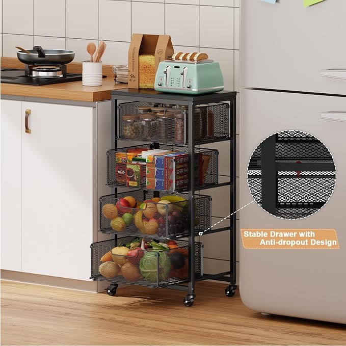 4-Tier Fruit Vegetable Storage Cart - Kitchen Organizer and Storage Cart with Wheels, Wooden Top Metal Wire Fruit Vegetable Rack Stand with Drawers to Storage Cans Snacks for Kitchen(Patent Pending)