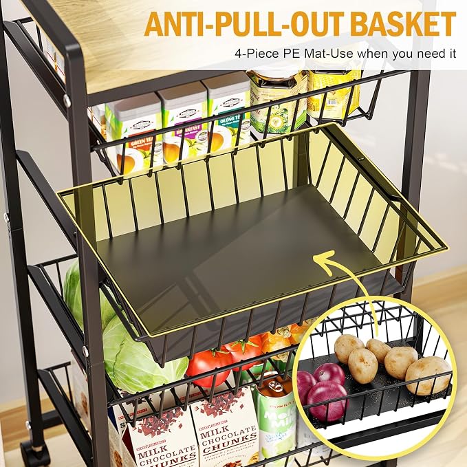 TOOLF 5-Tier Kitchen Cart with Tabletop, Rolling Snack Cart with Lockable Wheels, Fruit Vegetable Storage Basket with 4 Pack Mats, Metal Storage Rack with Pull-Out Pantry Cart for Organizer