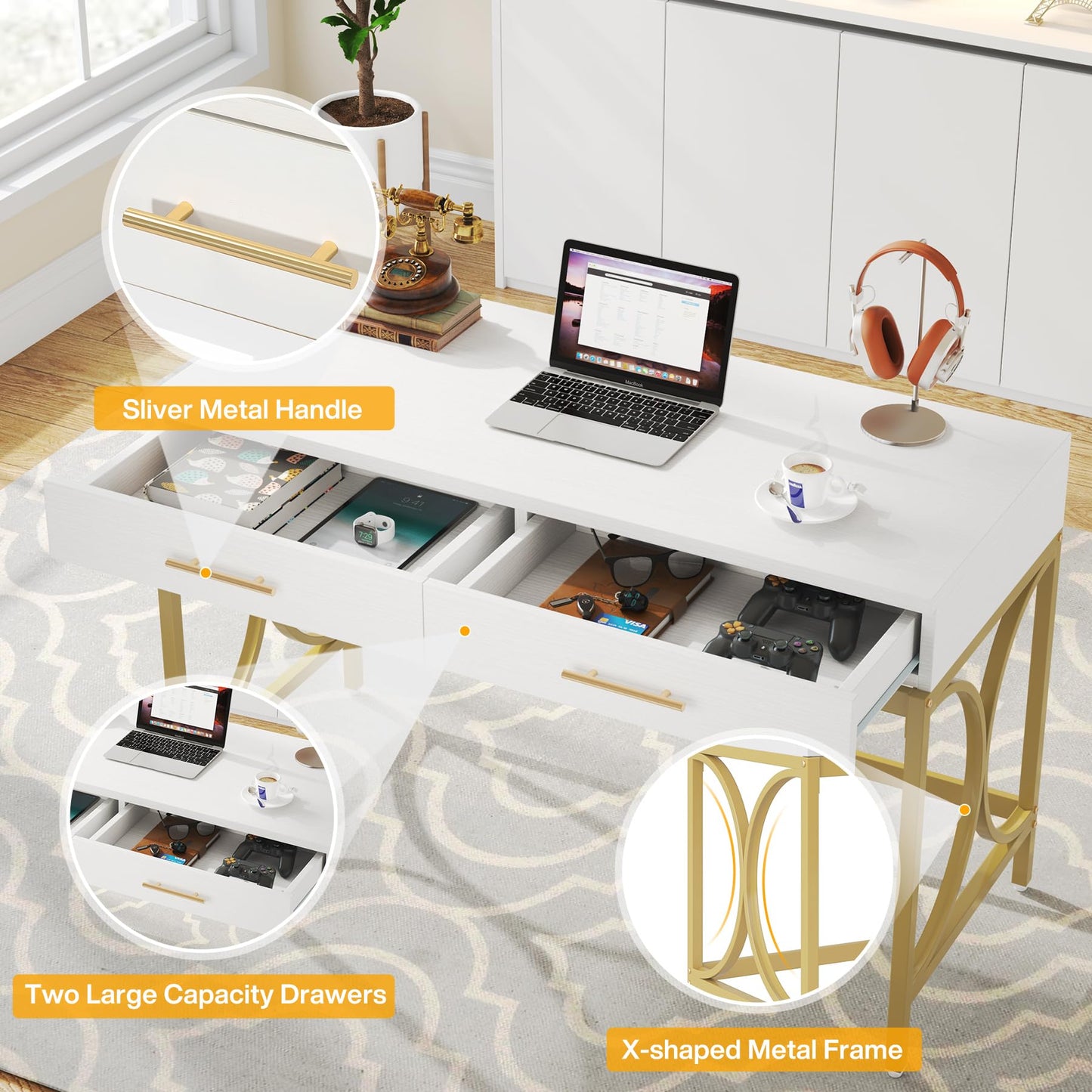 LITTLE TREE 41" Computer Desk with Two Drawers, Modern Study Writing Desk with Storage, White Makeup Vanity Table Office Desk with Gold Metal Frame for Home Office