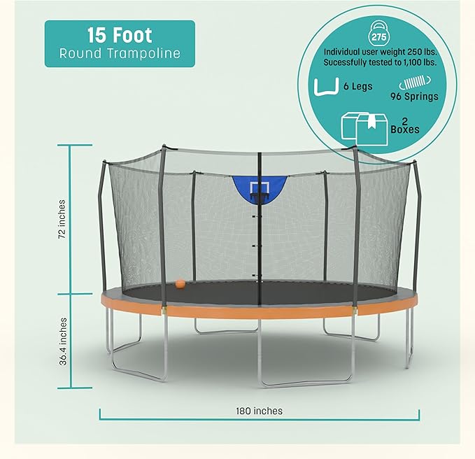 Skywalker Trampoline Outdoor 8 FT, 12 FT, 15 FT Jump N’ Dunk Round Outdoor Trampoline with Net, Trampoline Mat, and Basketball Hoop for Trampoline