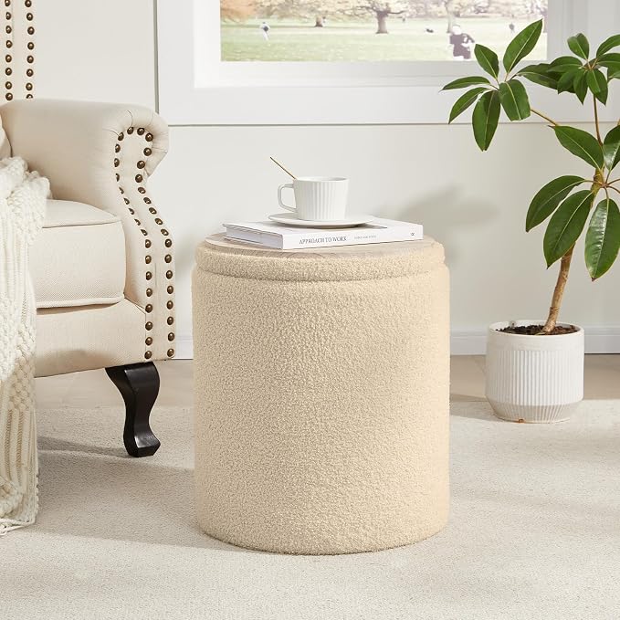 Royal Windsor Boucle Round Ottoman with Storage Set of 2,Small Foot Stool Ottoman for Living Room, Small Coffee Table,Vanity Stool with Storage for Bedroom, Beige