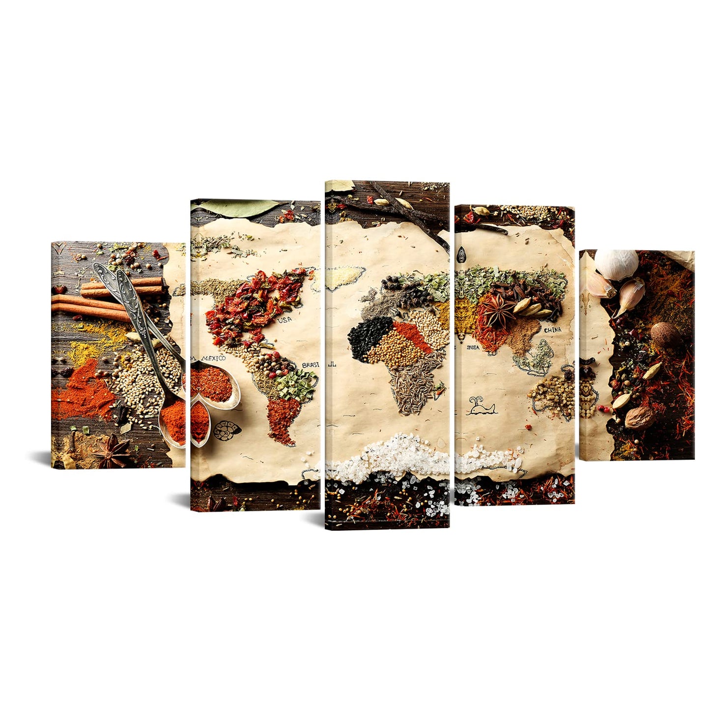 Large 5 Panel Map of World Made from Spices on Wooden Canvas Art Wall Art Kitchen Pictures Modern Wall Decor Gallery Canvas Wraps Giclee Print Stretched and Framed Ready to Hang 60''Wx32''H (Large)