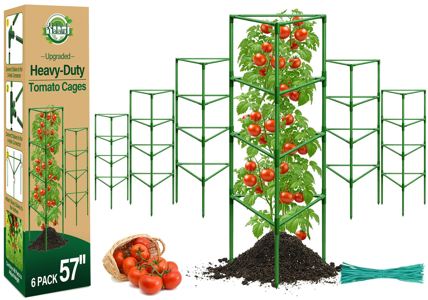 Halatool 6 Pack Heavy Duty Tomato Cages, 57 Inch Tall Metal Plant Supports Stakes for Outdoor Garden, Adjustable Foldable Steel Trellis for Climbing Plants Cucumbers Peppers Flowers Vegetables Fruits