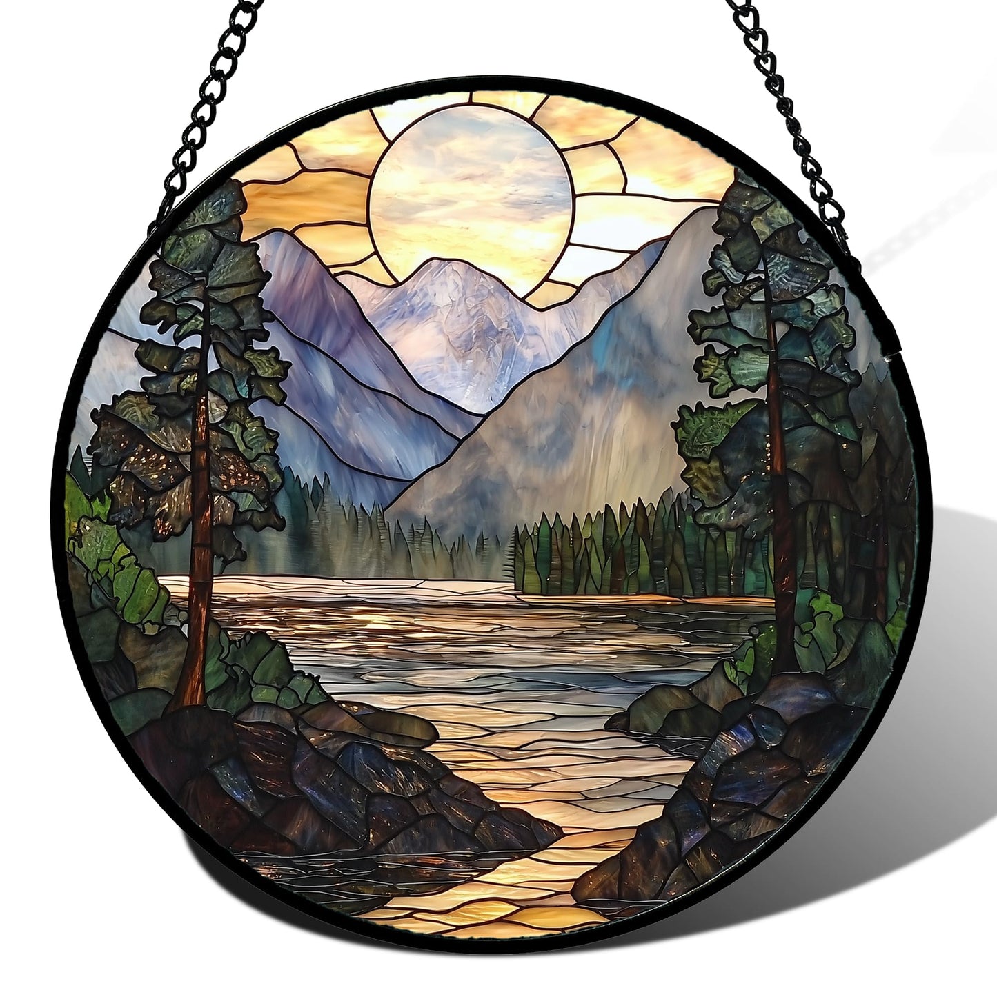AMDERVEN Stained Glass Window Hanging, Sunset Mountains Lake Tree Sun Catcher for Window Home Decor Landscape Suncatcher Mother's Day Birthday Gifts for Women Men Mom and Nana 7.8 in