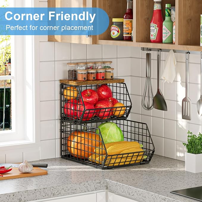 Stackable Fruit Basket for Kitchen Counter, 2 Tier Wire Baskets with Wooden Lid Top, Vegetable Storage Organizer Bins, Wall Mountable Pantry Baskets for Produce, Onion, Potato, Black