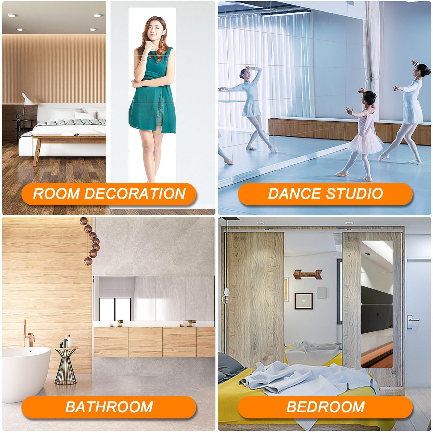 DHNMSYTLF 4 Pack Wall Mirror Full Length, 10 x 10 Inch Unbreakable Acrylic Mirror Tiles, Shatterproof Flexible Plastic Mirror Sheets for Bedroom Home Gym Door (4P 10"x 10")