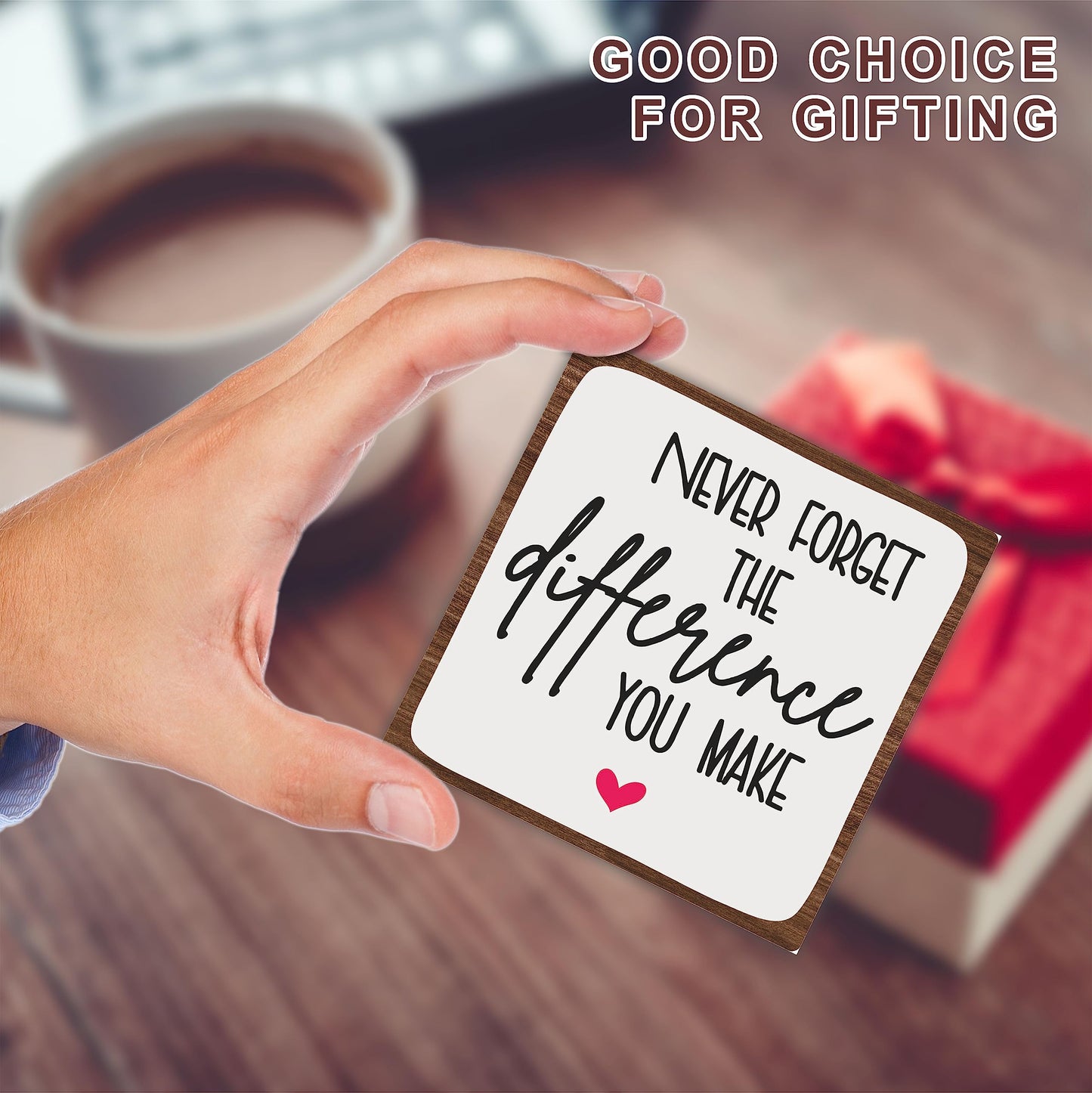 Wooden Motivational Office Desk Decor 4in - Never Forget The Difference You Make - Positive Reminder Inspirational Plaque with Stand for Home Office Desk Decor & Accessories Gift for Women Men- A17