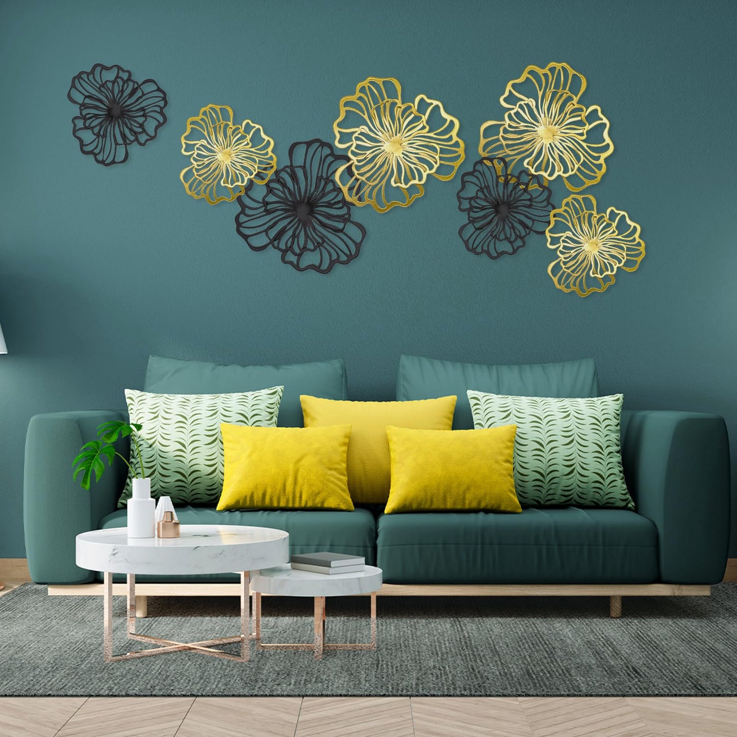 7 Piece Metal Wall Decor for Living Room, Boho Double Layered Iron Flower Wall Hanging Art, Aesthetic Indoor Metal Wall Sculpture Decor for Bedroom Kitchen Bathroom Farmhouse Home Office, Gold-Black