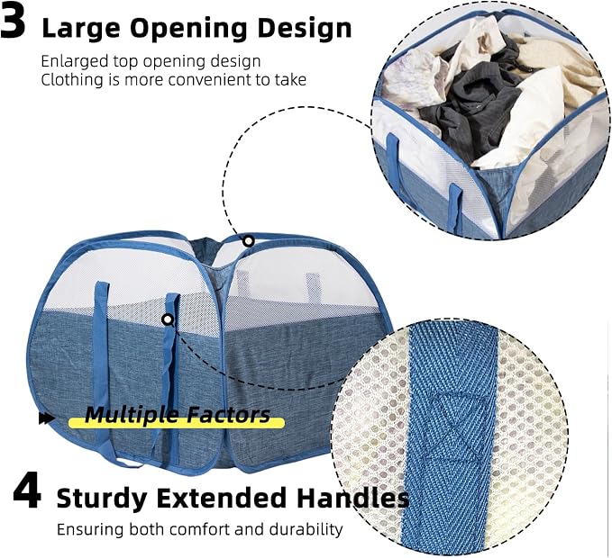Collapsible Laundry Basket, 90L Foldable Pop-up Laundry Hamper with Reinforced Handles, Tear Proof Mesh Dirty Clothes Hamper for Laundry (Blue, 2PCS)