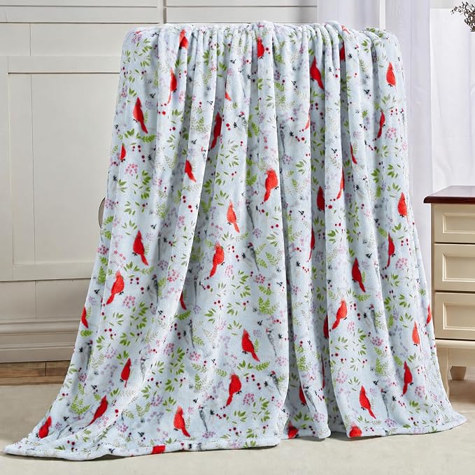 Elegant Comfort Luxury Velvet Super Soft Christmas Prints Fleece Blanket-Holiday Theme Home Décor Fuzzy Warm and Cozy Throws for Winter Bedding, Couch and Gift, 50 x 60 inch, Cardinal