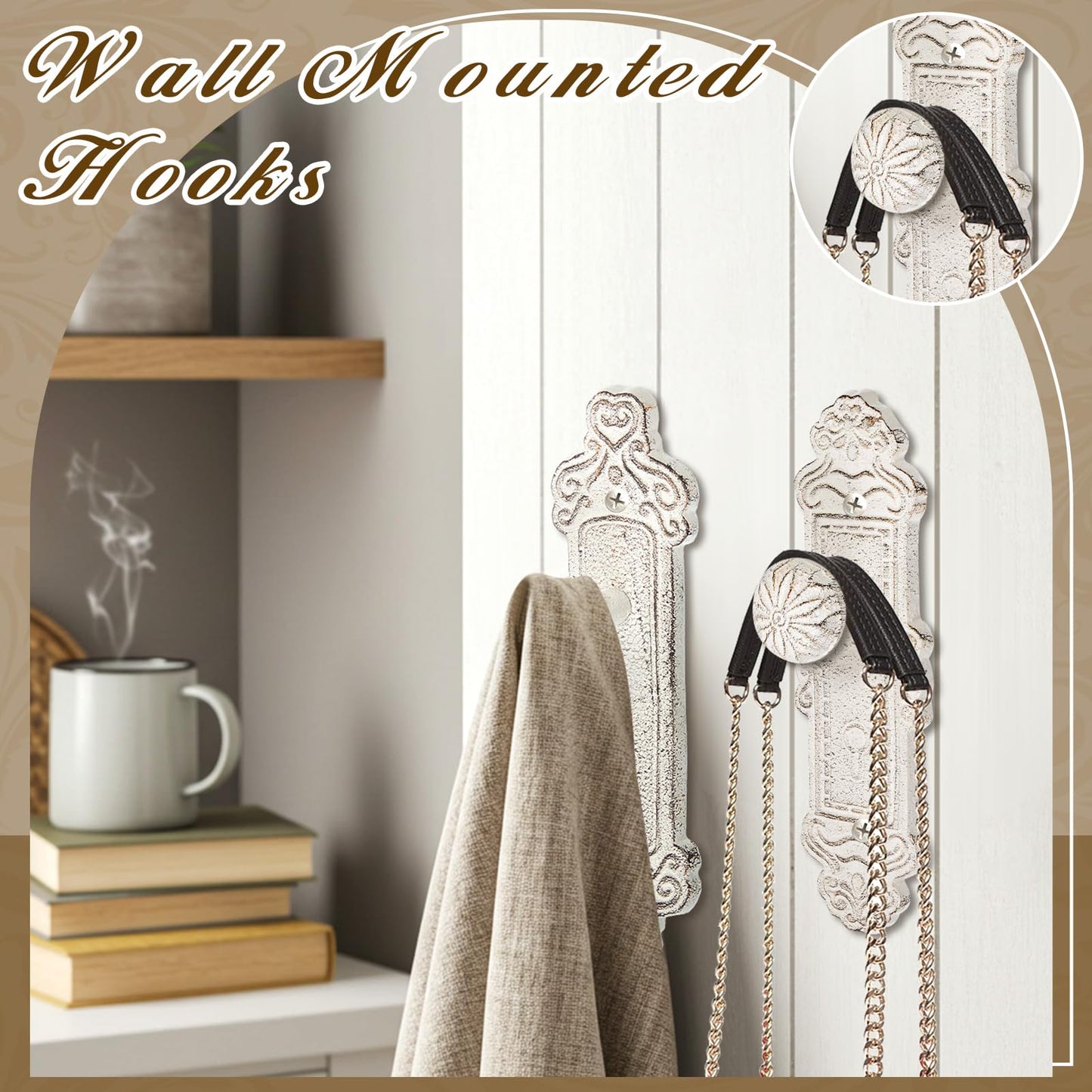 GlikCeil 4 Pcs Shabby Chic Hooks Decorative Wall Mounted with Screws and Anchors, Rustic White Cast Iron Hooks Door Knob Shabby Chic Country Decor for Coat Hats Bags Scarves Hallway Kitchen (Rustic)