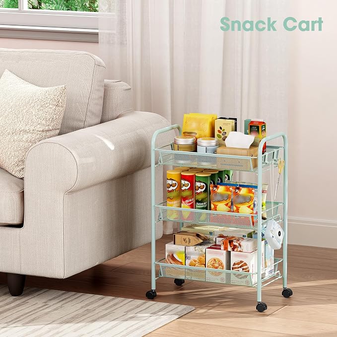 TOOLF 3-Tier Metal Rolling Cart, Mesh Wire Easy Assemble Utility Cart, Storage Trolley on Wheels with 3 Hooks, MetalStorage Shelving Units for Kitchen Bathroom Laundry Room