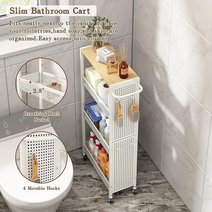 Utility Slim Storage Cart 4 Tier Small Rolling Kitchen Laundry Room Organization Cart with Wood Top Metal Narrow Laundry Room Shelves Cabinet Unit Laundry Organizer Trolley with Handle for Small space