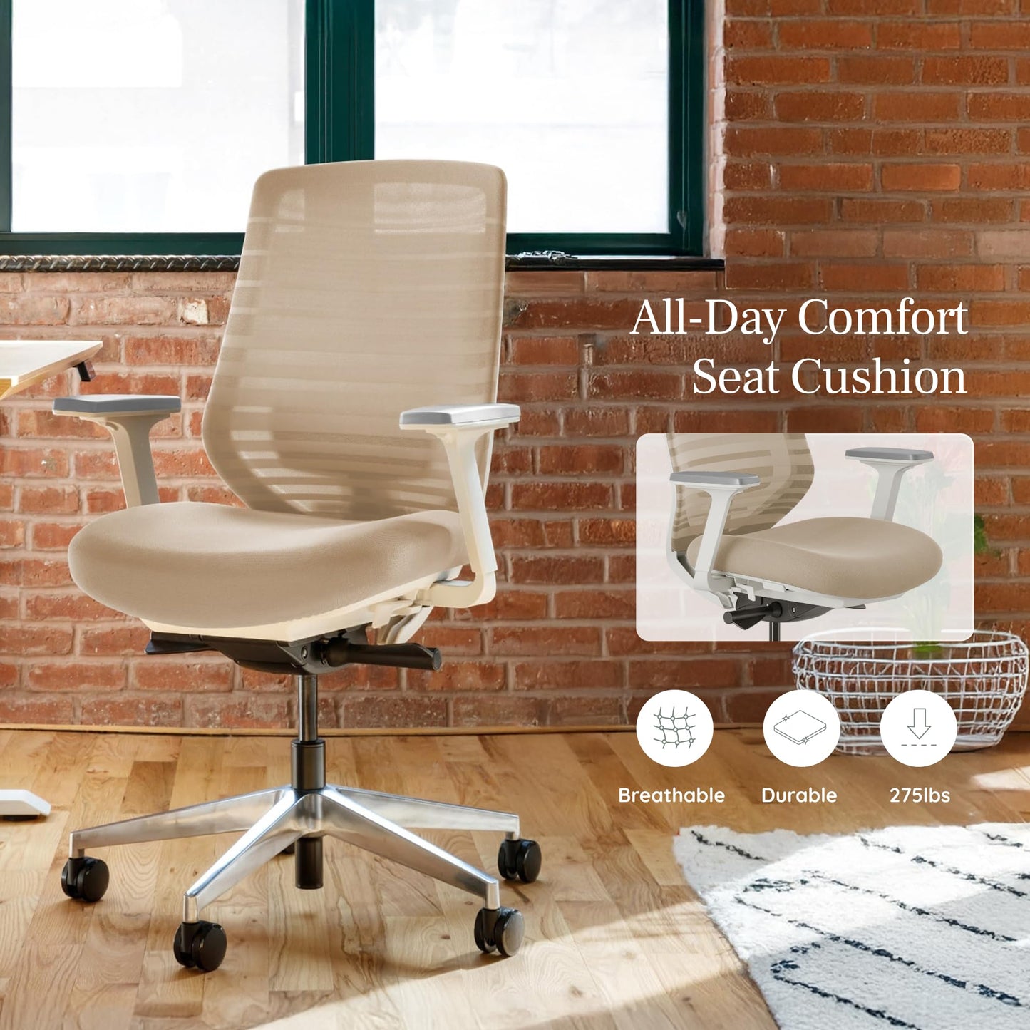 Branch Ergonomic Chair - A Versatile Desk Chair with Adjustable Lumbar Support, Breathable Mesh Backrest, and Smooth Wheels - Experience Optimal Comfort and Support - Sand - White
