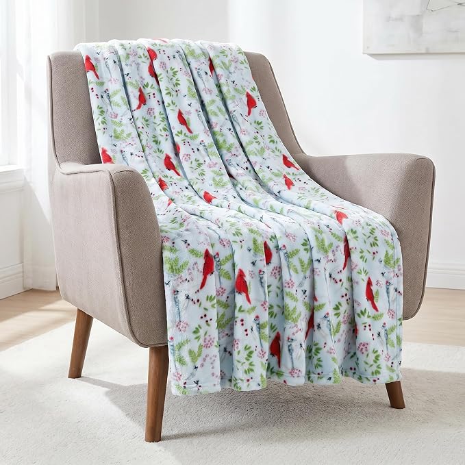 Elegant Comfort Luxury Velvet Super Soft Christmas Prints Fleece Blanket-Holiday Theme Home Décor Fuzzy Warm and Cozy Throws for Winter Bedding, Couch and Gift, 50 x 60 inch, Cardinal