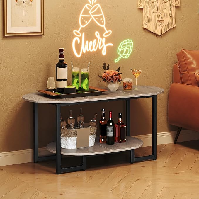 HOOBRO Coffee Table for Living Room, Oval Small Coffee Table with 2-Tier Open Storage Shelf, Industrial Cocktail Tea Table, Wooden Desktop Center Table, Farmhouse, Home Office, Greige BG09KF01
