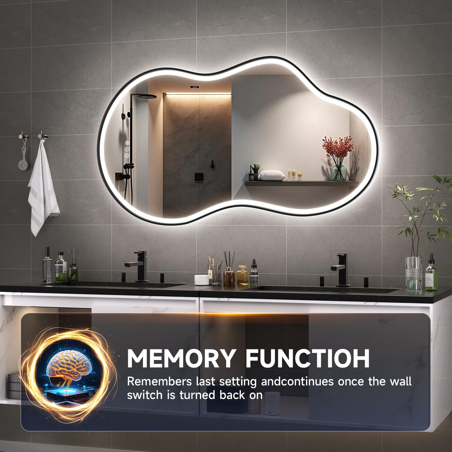 Hasipu Irregular Bathroom Mirror with Lights - 24"x35" LED Asymmetrical Wall Mirror, Abstract Modern Lighted Vanity Mirror for Wall, Anit-Fog, Dimmable, Memory, Vertical/Horizontal (Black
