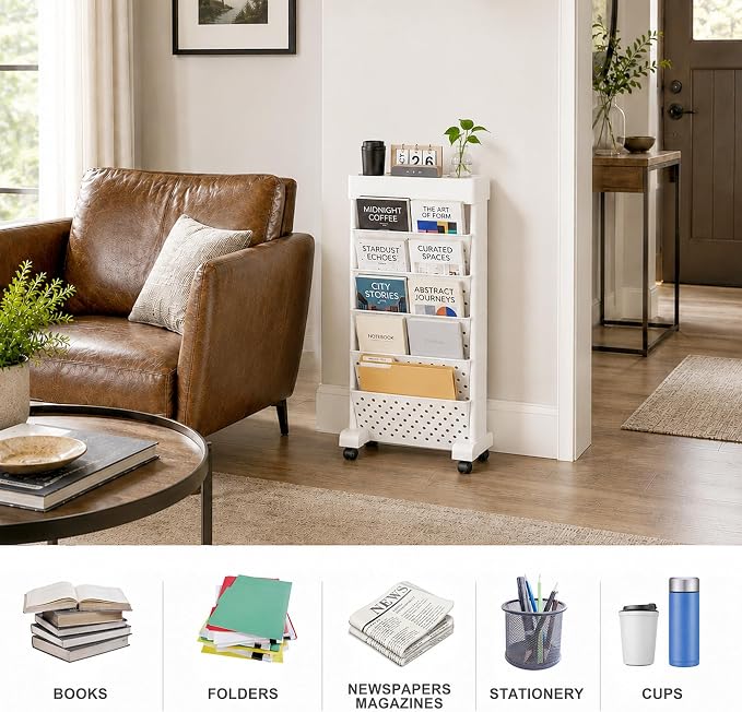 6-Tier Bookshelf, Book Storage Organization with Wheels Mobile Rolling Bookshelves Cart for Home Office Kids’ Study Room School, White