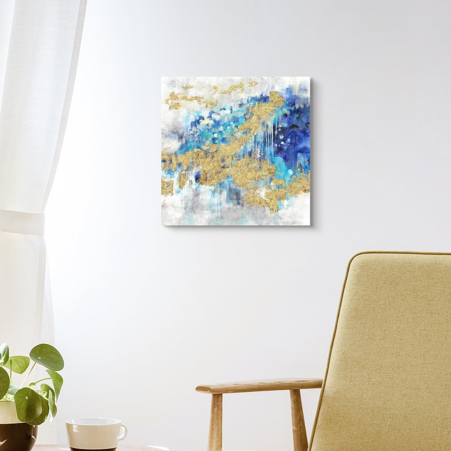 Abstract Modern Canvas Wall Art Painting: Blue Artwork Gold Foil Painted Picture White Grey Background Print for Office Home Living Room Wall Decor（12‘’x12'')