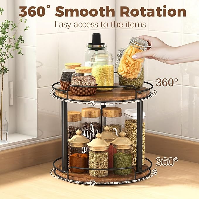 LAMU 9'' Wood Lazy Susan Turntable Organizer for Cabinet, 2 Tier Lazy Susan Spice Rack Organizer for Kitchen, Table Top, Countertop, Pantry, Medicine Organizer
