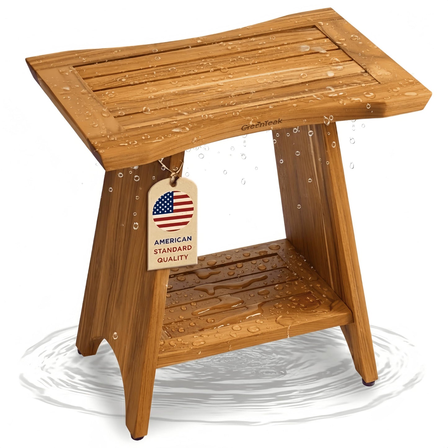 GREENTEAK Premium 18" Teak Wood Shower Bench, Waterproof Teak Shower Stool, Non-Slip Feet for Enhanced Safety, Spa Bath Seat for Bathroom, Indoor & Outdoor Use, 300 lb (Upgrade 18" 2-Tier, Straight)