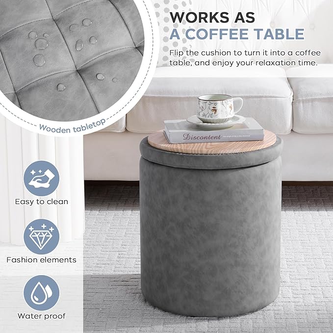 oakvivo 12.6" W x 14.17" H & 14.76" W x 17.32" H Storage Ottoman Foot Stool for Couch, Nesting Round Vanity Stools Padded Ottomen, Leather Set of 2 Footrest for Living Room,Grey
