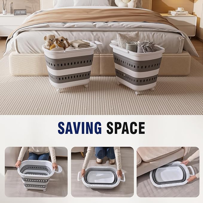 Collapsible Plastic Rolling Laundry Basket Hamper with Wheels, 45L Portable Rubber Clothes Basket, Pop Up Storage Container/Organizer for Washing & Storage, Grey