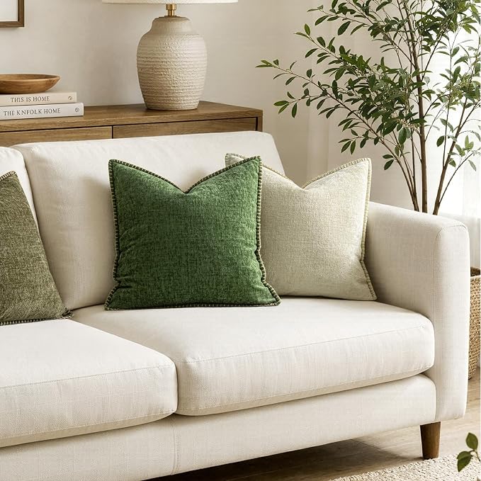 MIULEE Pack of 2 Couch Pillow Covers 16x16 Inch Moss Green Farmhouse Decorative Throw Pillow Covers with Stitched Edge Soft Chenille Solid Dyed Pillow Covers for Sofa Bed Living Room, Forest Green