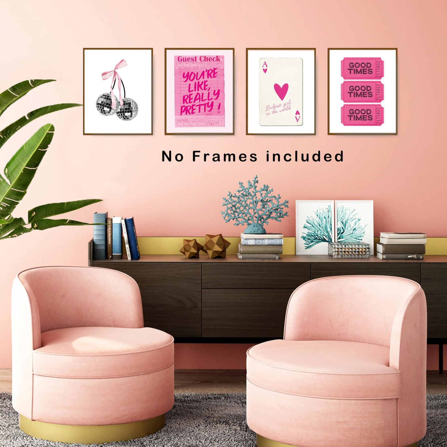 okaxscm Hot Pink Trendy Preppy Wall Art Prints Set of 4, Coquette Preppy Room Decor Aesthetic, Pink Room Wall Decor, Pink Cherry Disco Ball Wall Decor Posters for Girls Bedroom Dorm, 8x10 Unframed