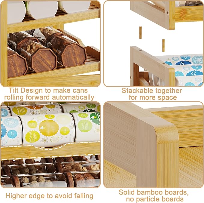 BAMBANG Can Organizer for Pantry, 4 Tier Stackable Bamboo Canned Food Storage Rack, Rolling Soda Can Dispenser Holds Up to 48 Cans, Detachable Can Organizer for Cabinet, Natural