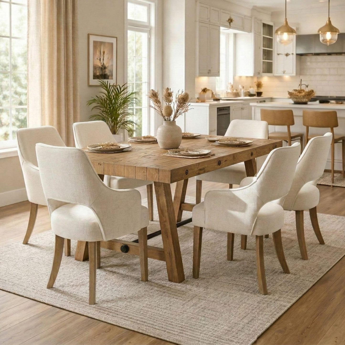 DM Furniture 7-Piece Farmhouse Wooden Dining Room Table Set for 6, 59" Reclaimed Wood Dining Table with Upholstered Chairs, Solid Wood Kitchen Table & Chair Set for Dining/Kitchen Room, Brown