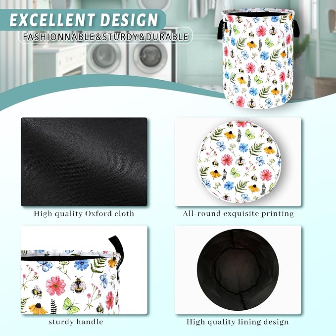 Cute Bee Floral Flowers Laundry Basket Foldable With Handles BeesTote Bag Oxford Cloth Colorful Laundry Hamper Clothes Storage Bucket Toy Organizer 18.9"x16.5" For Bathroom/Laundry/Bedroom