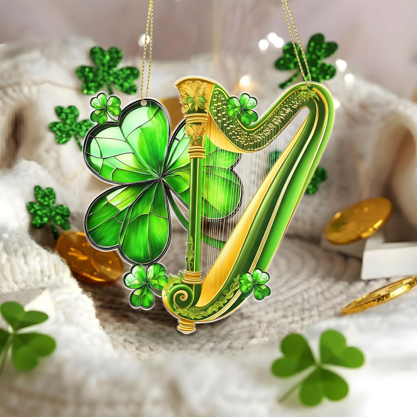 Irish Harp and Shamrock 2D Flat Acrylic Hanging Ornament, Green Gold Celtic Music Inspired Window or Wall Decor, Lucky Clover Holiday Decoration for Home Seasonal Display Gift Idea