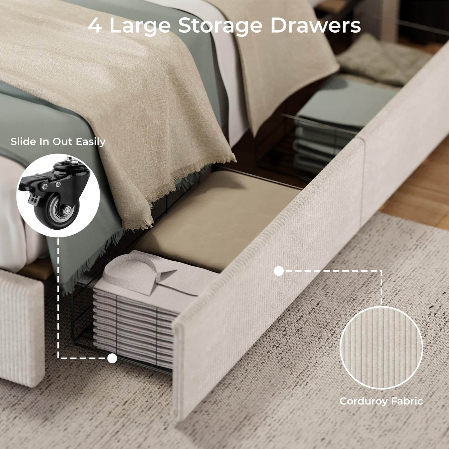 IDEALHOUSE Full Size Bed Frame with Tufted Wingback Headboard, Platform Corduroy Upholstered Bed Frame with 4 Storage Drawers and Wooden Slats Support, No Box Spring Needed, Beige