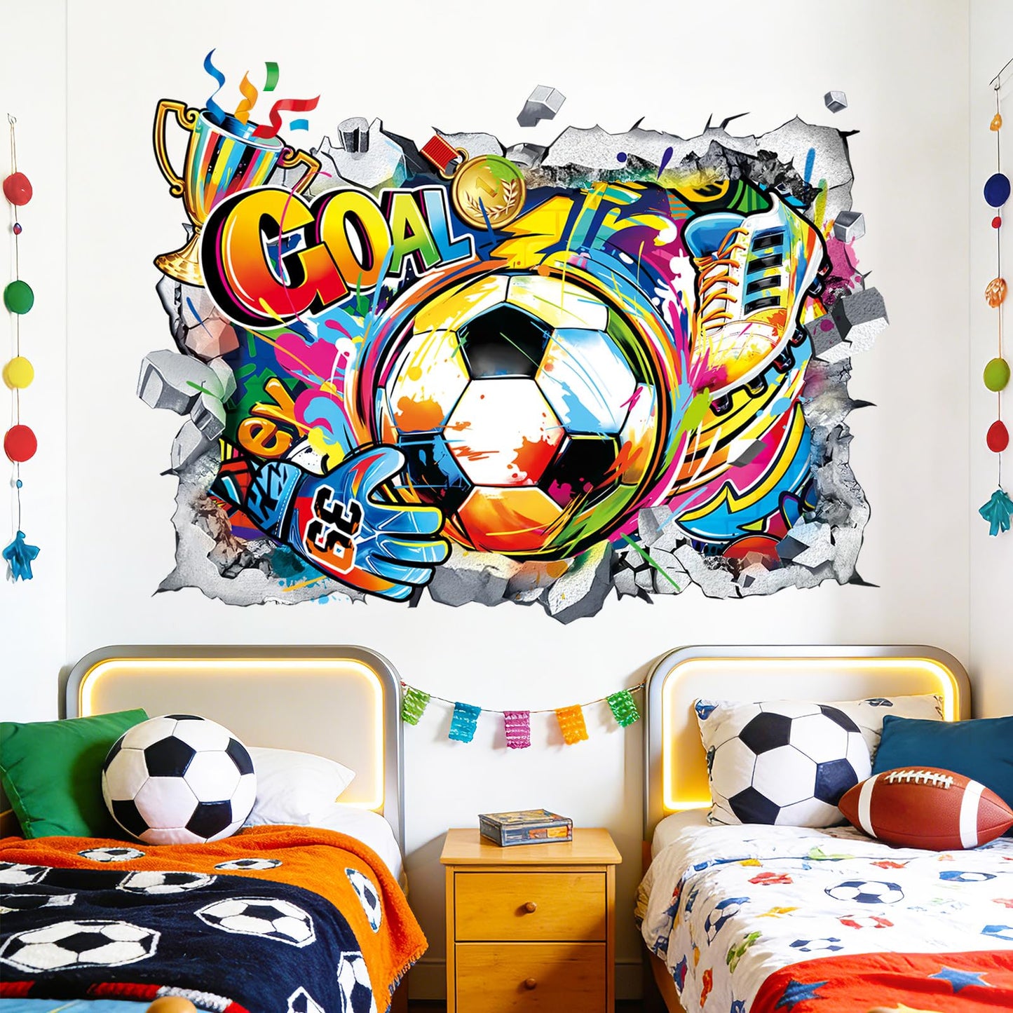 decalmile 3D Soccer Wall Stickers Football Sport Breakthrough Wall Decals Boys Bedroom Playroom Teenager Room Home Decor