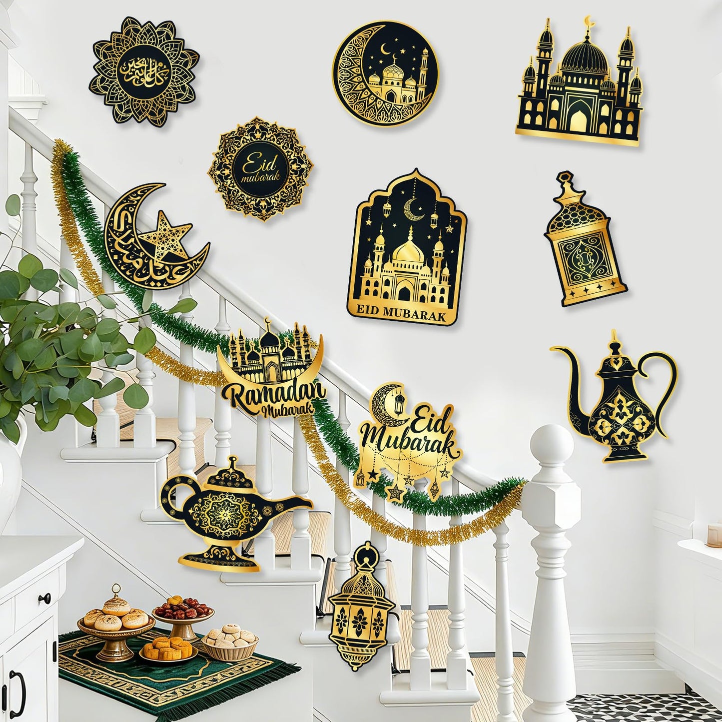 Large 11"x14" Eid Mubarak Cutouts Decorations Cardboard Cutout Set of 12, Ramadan Cutouts Wall Door Windows Decor, Muslim Islamic Mosque Castle Paper Cut Outs Decoration (Black Gold)