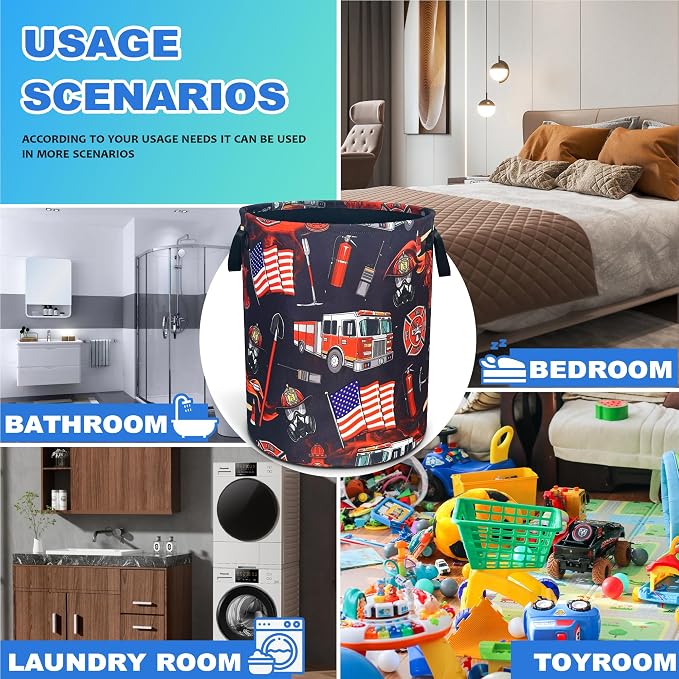Fire Truck Fireman Laundry Basket Firefighters Oxford Cloth Laundry Hamper With Handle Foldable Portable Clothes Storage Basket 18.9 X 16.5 In Storage Bag For Laundry Room/Bathroom/Bedroom/Dormitories