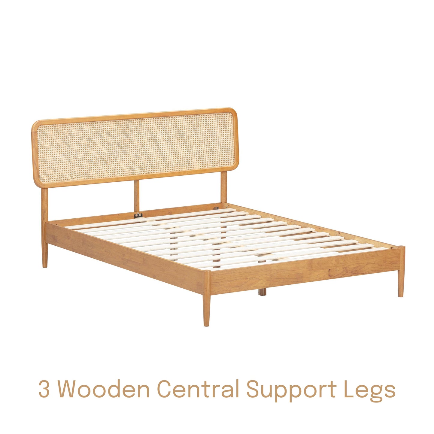 NTC Lupin Wooden Bed Frame with Headboard and Natural Rattan, Solid Oak/Rubber Wood Foundation with Silent Slats, 1000 Lb Capacity, Effortless Assembly (Natural Cane - Rustic Oak, Queen)