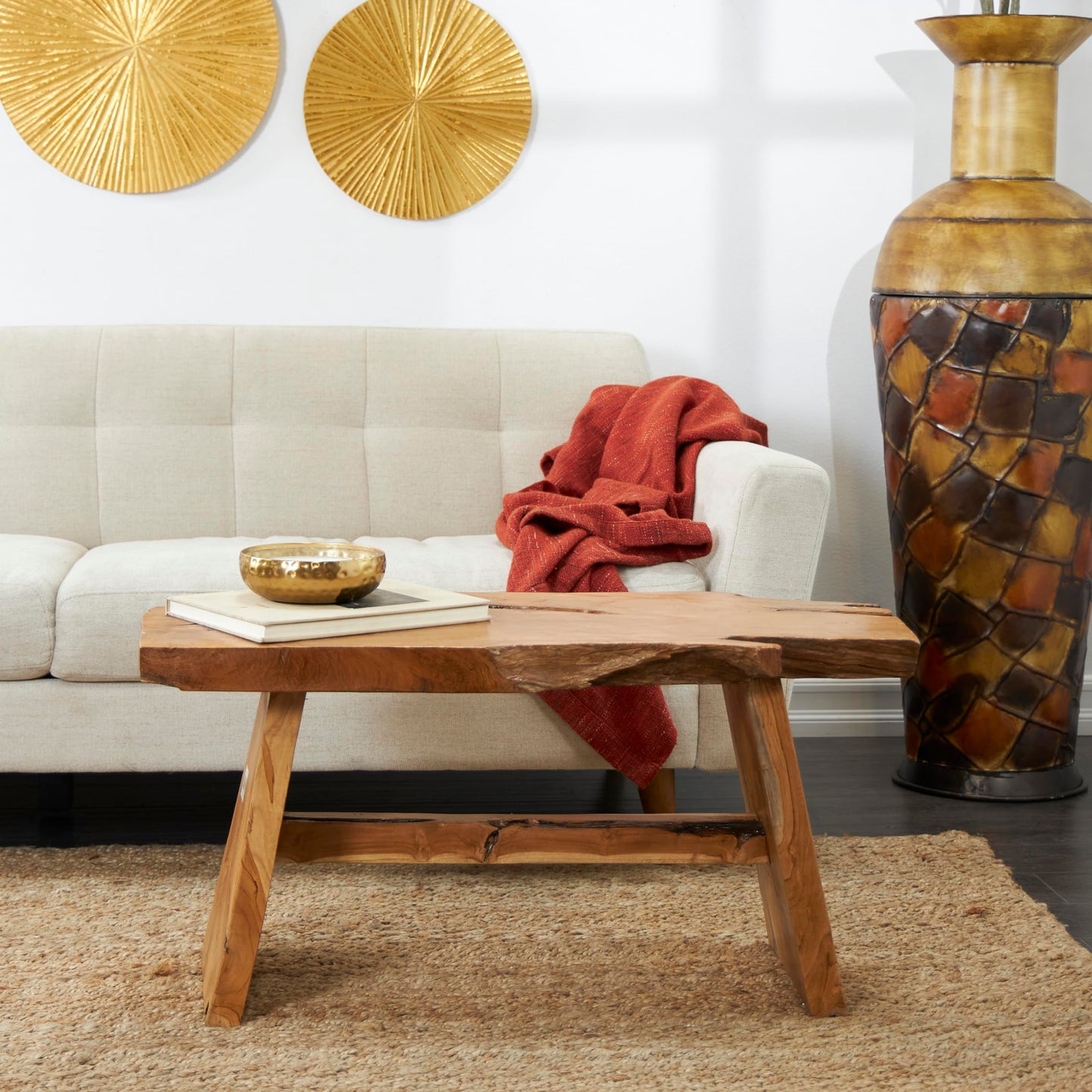 Deco 79 Teak Wood Handmade Living Room Coffee Table Live Edge Top Table, Center Table 35" x 16" x 18", Brown