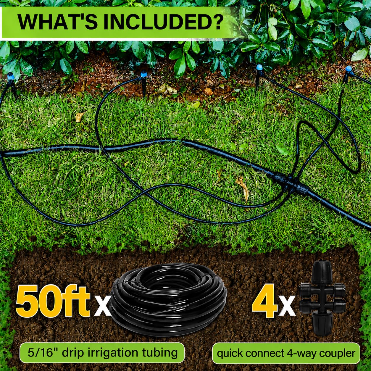 Bonviee 50FT 5/16” Drip Irrigation Mainline Tubing with 4-Way Push-to-Connect Couplers (4 Pack) – Compact DIY Garden Irrigation Distribution System for Misting, Raised Beds & Small Spaces