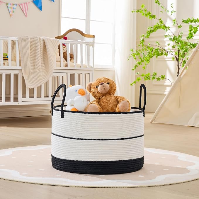 KAKAMAY Cotton Rope Storage Basket (20"x13"),Woven Hamper for Blankets,Toys,Pillows,Clothes,Laundry,Sturdy Handles Decorative Basket for Living Room, Bedroom,Nursery(Black/Beige)