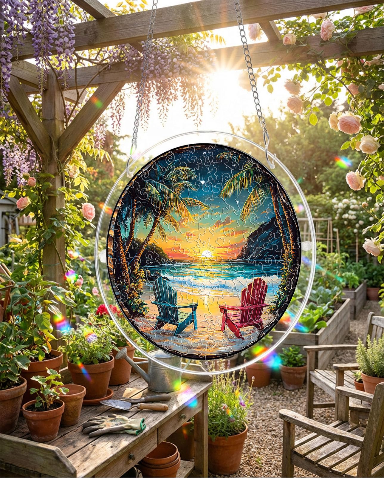 Acrylic Jigsaw Puzzle Suncatcher - Beach Sunset, Stained Glass Window Hanging, DIY Sun Catcher Kit Home Decor for Window Garden Hanging, Gift for Women, Mom, Friends (7.4 in)
